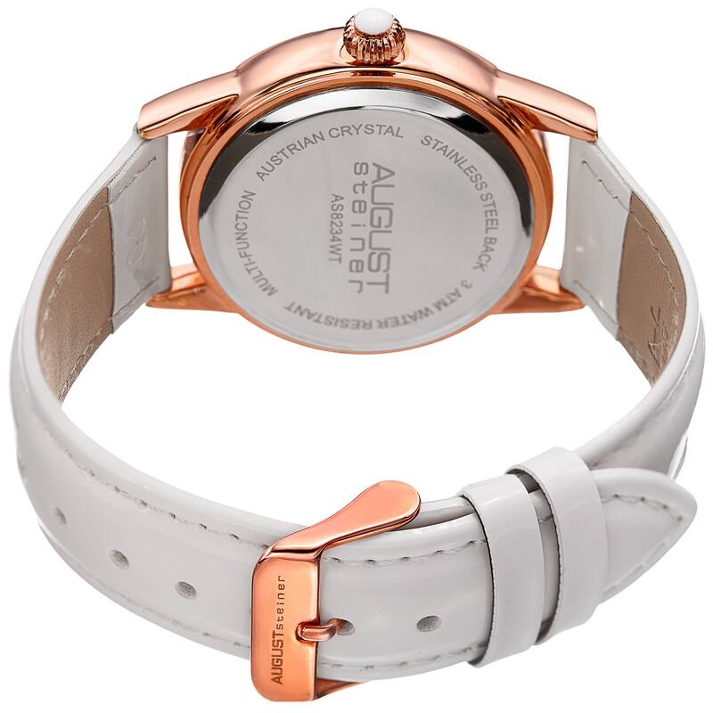 August Steiner Women's Swarovski Crystal Multifunction Leather Rose-Tone/White Strap Watch