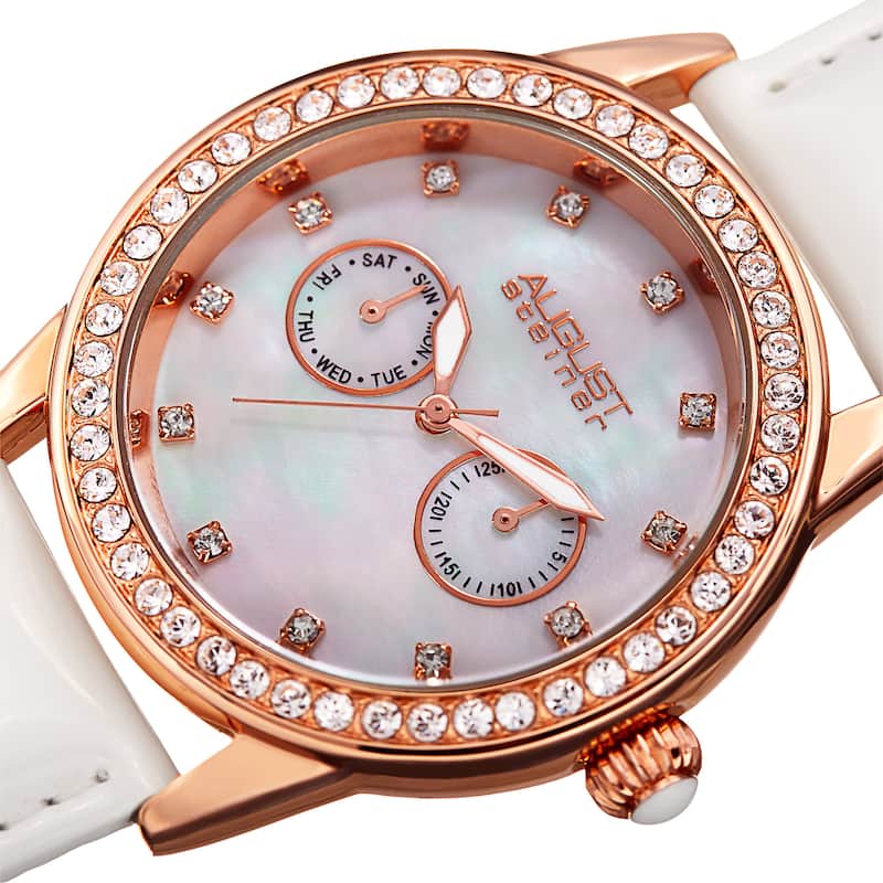 August Steiner Women's Swarovski Crystal Multifunction Leather Rose-Tone/White Strap Watch