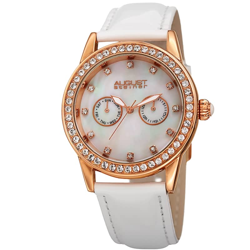 August Steiner Women's Swarovski Crystal Multifunction Leather Rose-Tone/White Strap Watch