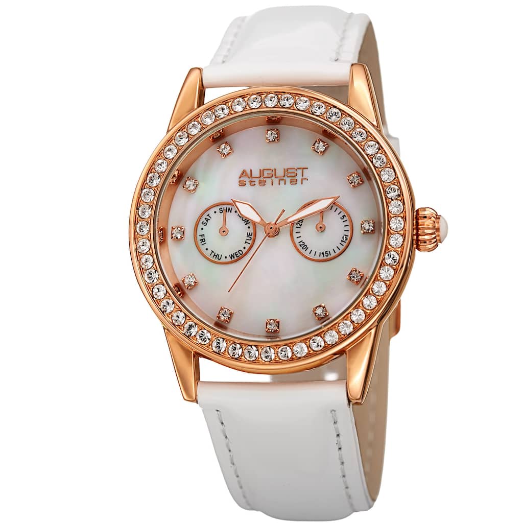 August Steiner Women's Swarovski Crystal Multifunction Leather Rose-Tone/White Strap Watch