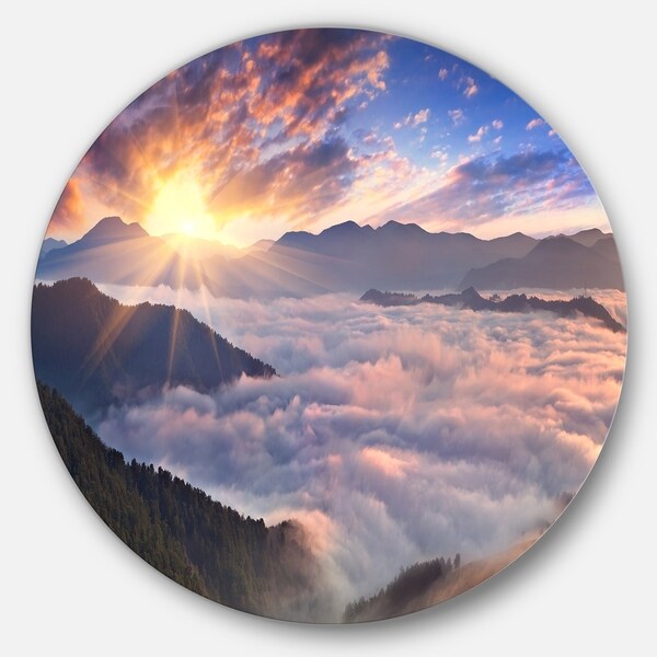 Shop Designart 'Bright Sun in Misty Mountains' Landscape Photo Round ...