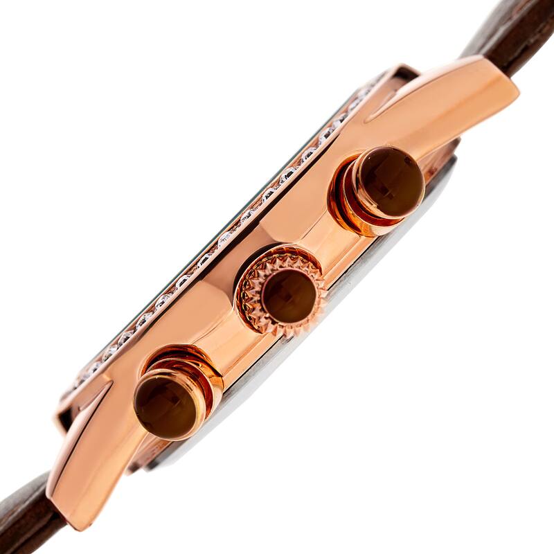 August Steiner Women's Multifunction Dual Time Swarovski Crystal Rose-Tone/ Brown Leather Strap