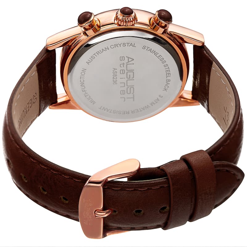 August Steiner Women's Multifunction Dual Time Swarovski Crystal Rose-Tone/ Brown Leather Strap