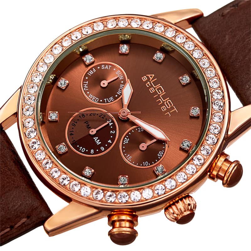 August Steiner Women's Multifunction Dual Time Swarovski Crystal Rose-Tone/ Brown Leather Strap