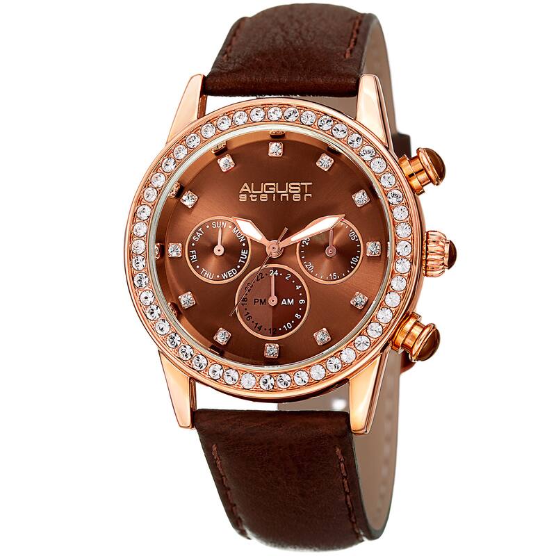 August Steiner Women's Multifunction Dual Time Swarovski Crystal Rose-Tone/ Brown Leather Strap