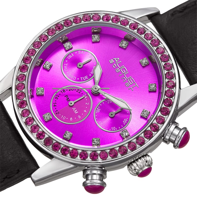 August Steiner Women's Multifunction Dual Time Swarovski Crystal Silver-Tone/ Pink Leather Strap