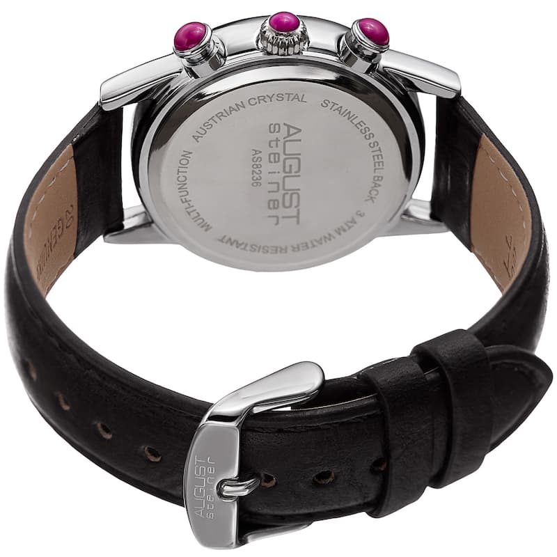 August Steiner Women's Multifunction Dual Time Swarovski Crystal Silver-Tone/ Pink Leather Strap