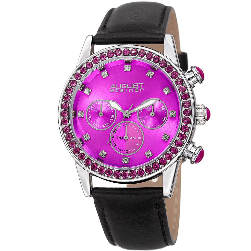 August Steiner Women's Multifunction Dual Time Swarovski Crystal Silver-Tone/ Pink Leather Strap