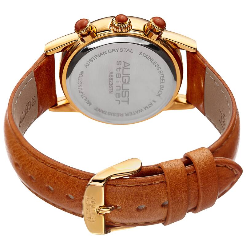 August Steiner Women's Multifunction Dual Time Swarovski Crystal Gold-Tone/ Tan Leather Strap
