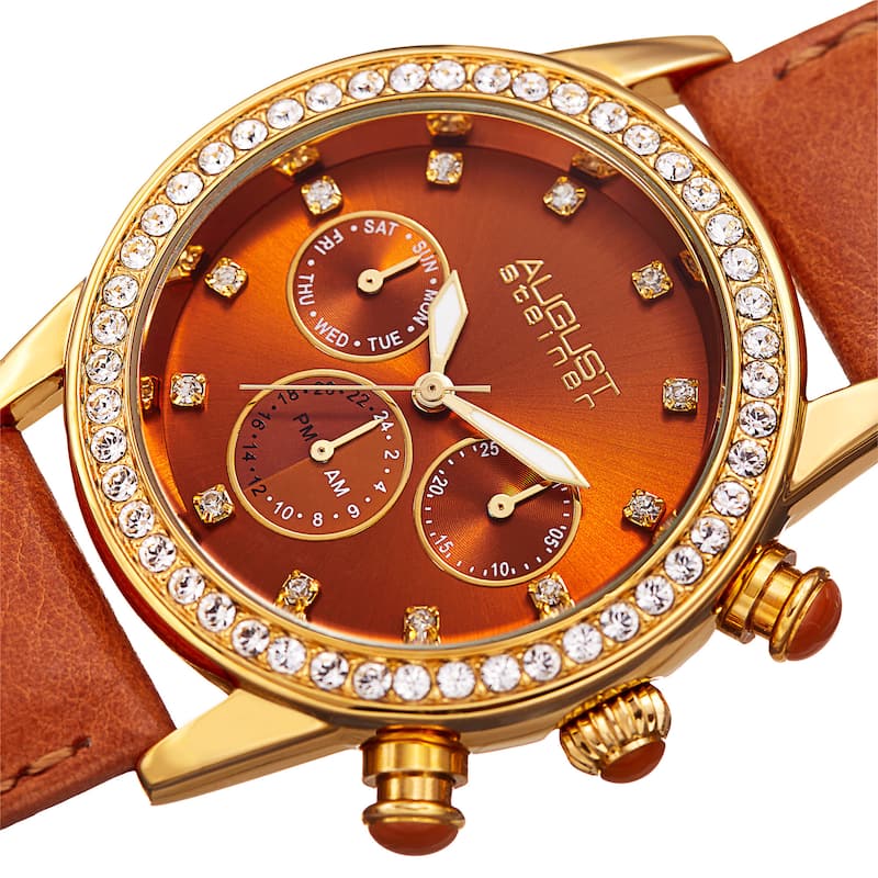 August Steiner Women's Multifunction Dual Time Swarovski Crystal Gold-Tone/ Tan Leather Strap