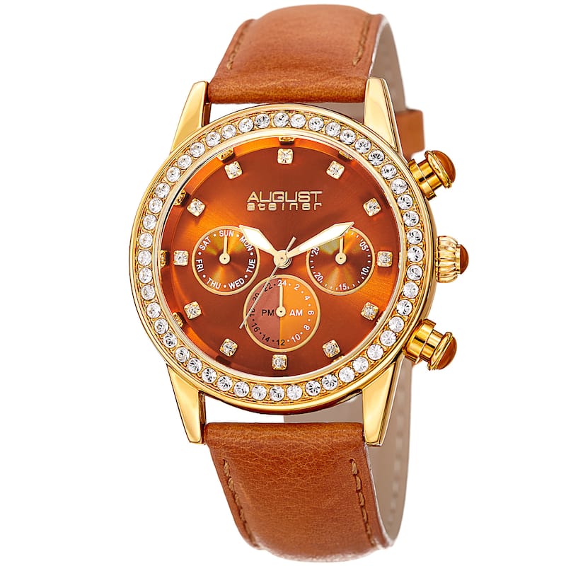 August Steiner Women's Multifunction Dual Time Swarovski Crystal Gold-Tone/ Tan Leather Strap