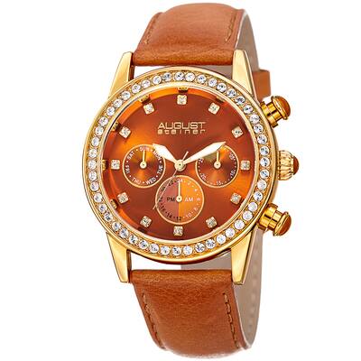 August Steiner Women's Multifunction Dual Time Swarovski Crystal Gold-Tone/ Tan Leather Strap