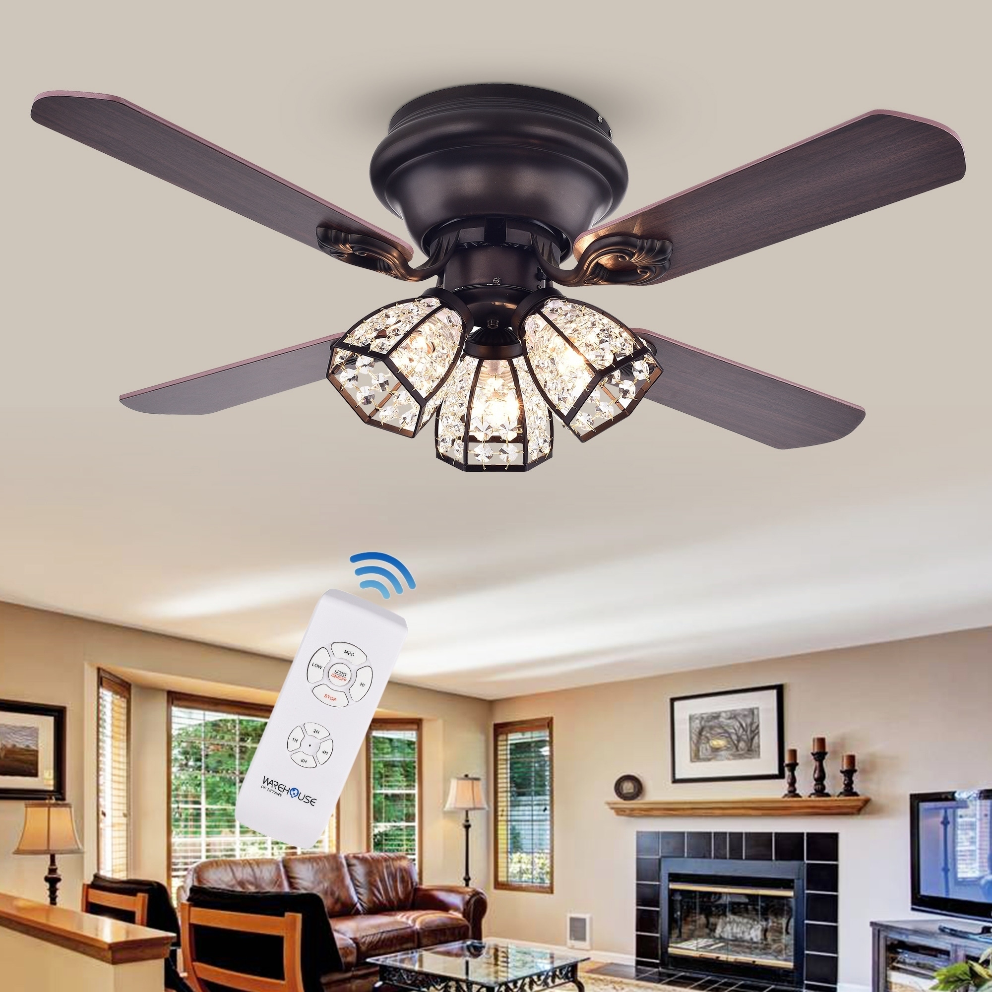 Tarudor 3 Light Crystal 4 Blade Dark Wood W Antique Bronze Housing 42 Inch Ceiling Fan Optional Remote 2 Color Option Blades