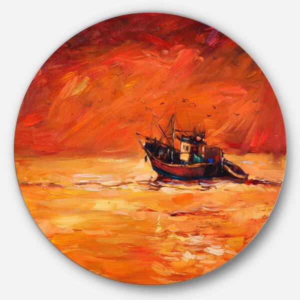 Designart Fishing Boat In Red Hue Seascape Panting Round Wall Art Overstock 14263195