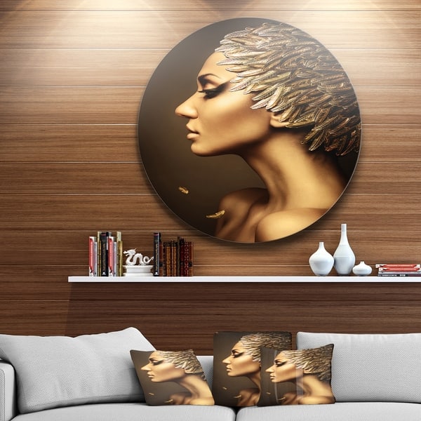 Designart 'Woman with Gold Feather Hat' Contemporary Large Disc Metal ...