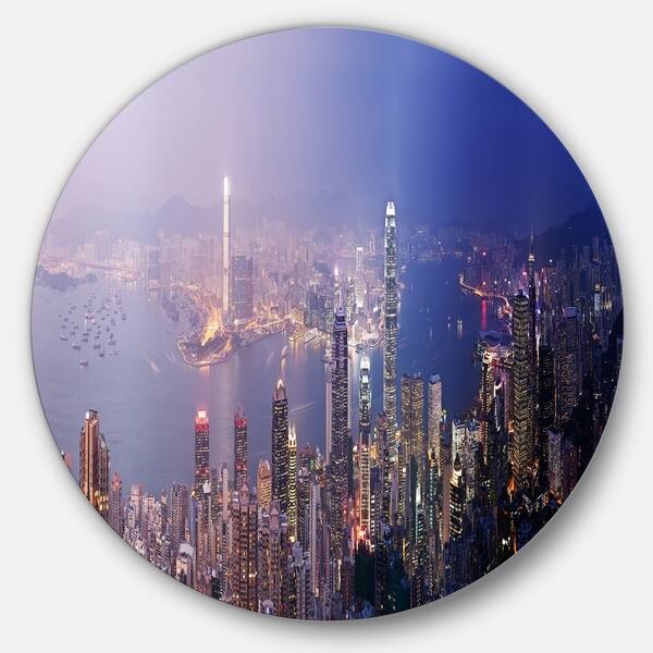 Designart 'Hong Kong from Day to Night' Cityscape Photo Disc Metal Wall ...