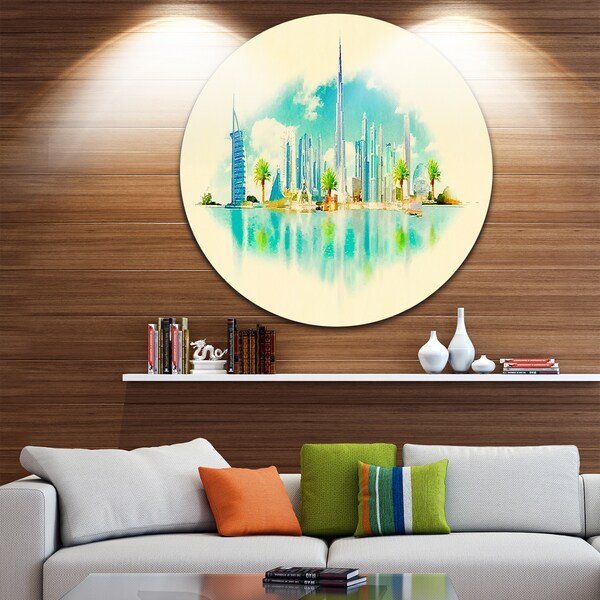 Designart 'Dubai Panoramic View' Cityscape Watercolor Round Metal Wall