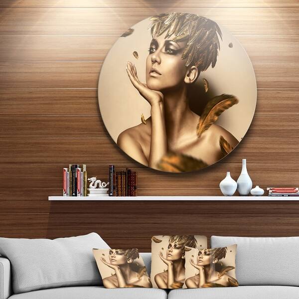 Shop Designart Sexy Woman In Gold Hat Sensual Contemporary Large Disc Metal Wall Art Overstock 14264595