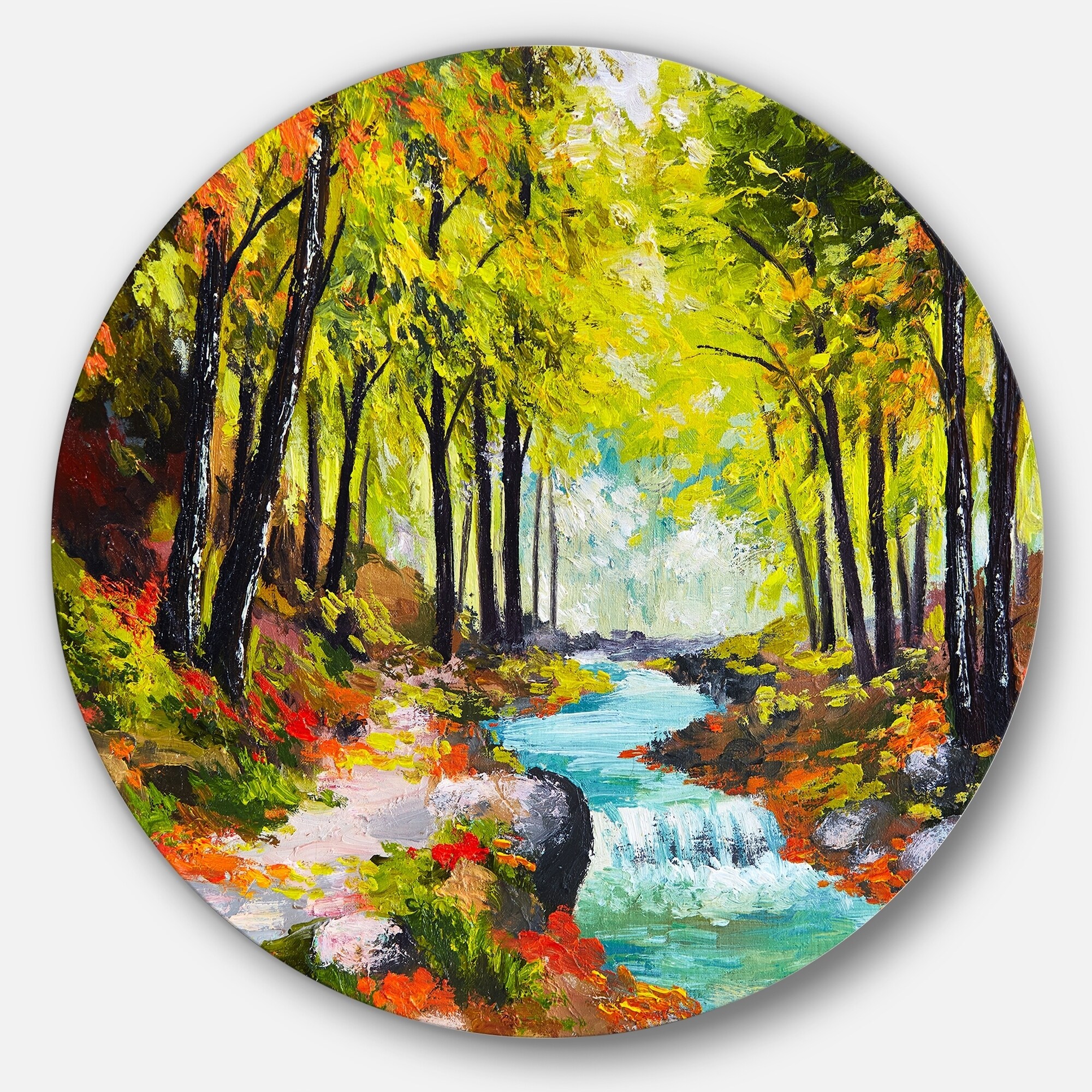 Shop Designart River In Green Autumn Forest Landscape Painting Circle Wall Art Overstock