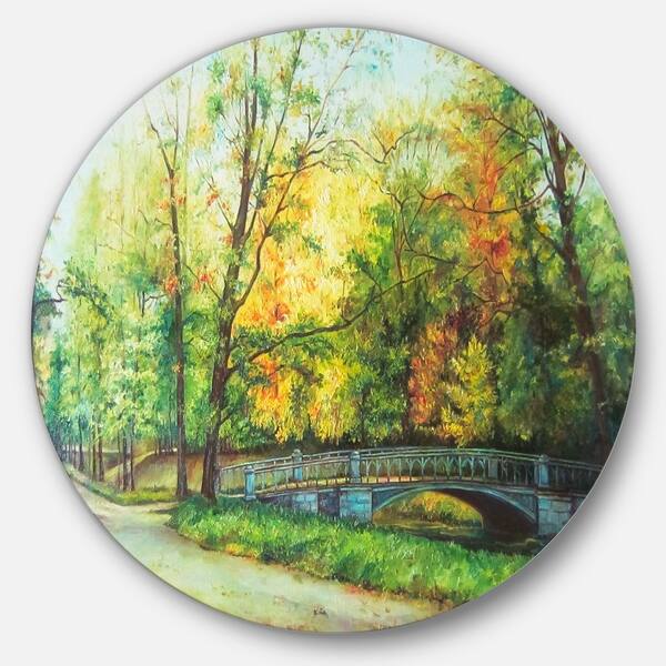 Designart Bridge In Colorful Forest Landscape Disc Metal Artwork Overstock 14264728