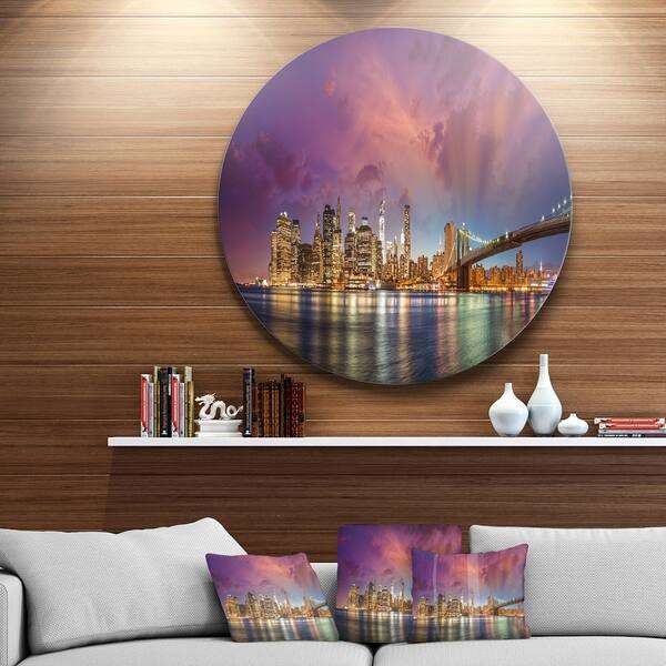 Designart 'New York City Manhattan Skyline Red' Cityscape Photo Round ...