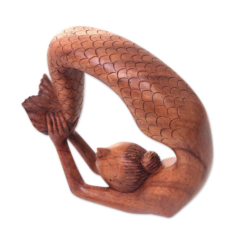 Handmade Suar Wood 'Setu Bandha Sirsasana Mermaid' Sculpture (Indonesia) - 16.5 cm H x 20.5 cm W x 5.5 cm D