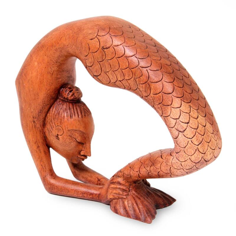Handmade Suar Wood 'Setu Bandha Sirsasana Mermaid' Sculpture (Indonesia) - 16.5 cm H x 20.5 cm W x 5.5 cm D