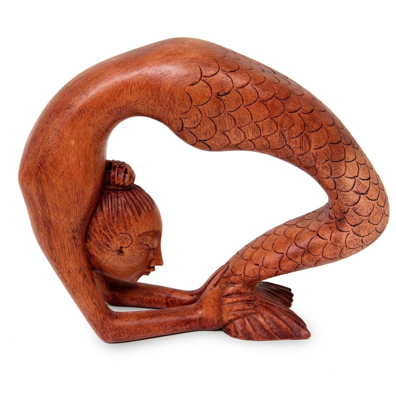 Handmade Suar Wood 'Setu Bandha Sirsasana Mermaid' Sculpture (Indonesia) - 16.5 cm H x 20.5 cm W x 5.5 cm D