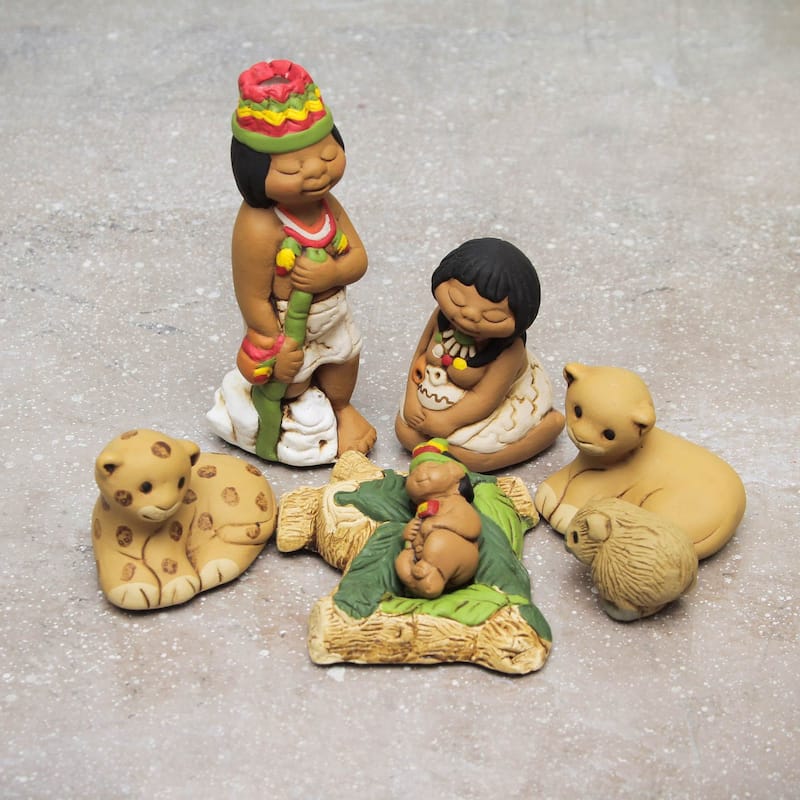 Handmade Born in the Amazon Ceramic Nativity Scene Sculptures, Set of 7 (Peru)