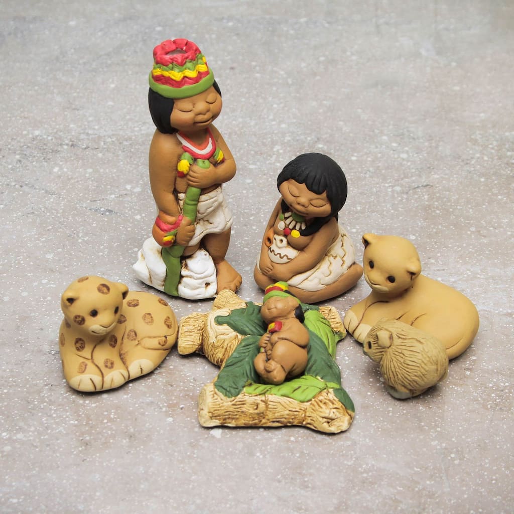 Handmade Born in the Amazon Ceramic Nativity Scene Sculptures, Set of 7 (Peru)