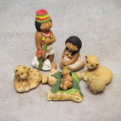 Handmade Born in the Amazon Ceramic Nativity Scene Sculptures, Set of 7 (Peru)