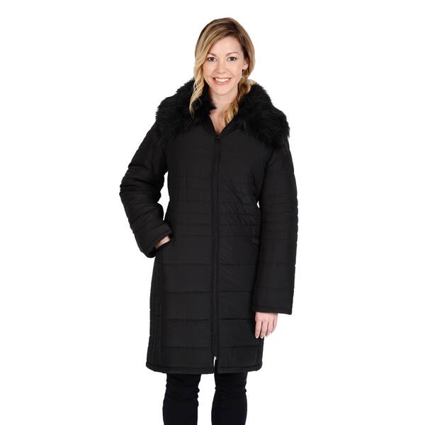 Excelled Women's Quilted 3/4 Puffer with Faux Fur Collar Large Size in ...