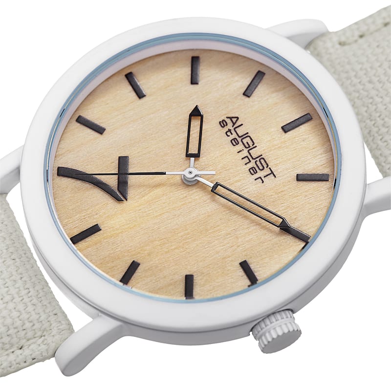 August Steiner Men's Classic Easy-to-Read Wood Dial White Leather Strap Watch