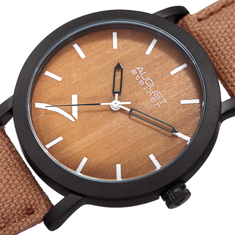 August Steiner Men's Classic Easy-to-Read Wood Dial Brown Leather Strap Watch