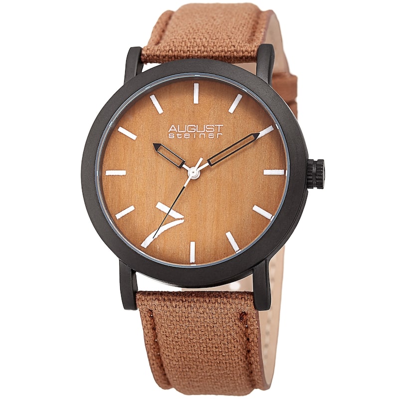 August Steiner Men's Classic Easy-to-Read Wood Dial Leather Strap Watch - brown
