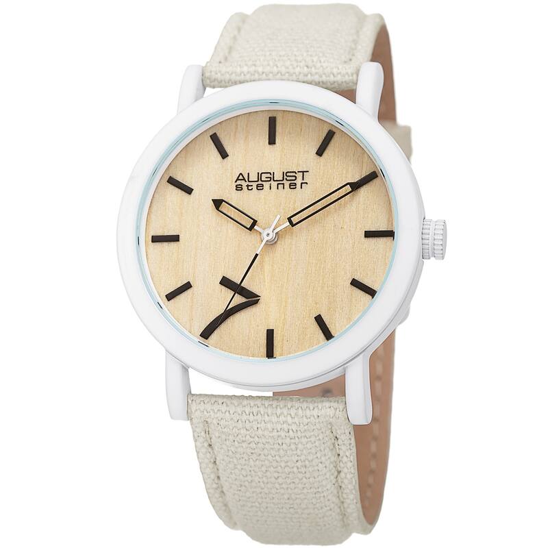 August Steiner Men's Classic Easy-to-Read Wood Dial Leather Strap Watch - WHITE