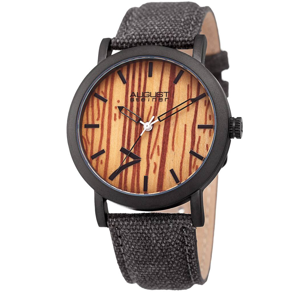 August Steiner Men's Classic Easy-to-Read Wood Dial Leather Strap Watch