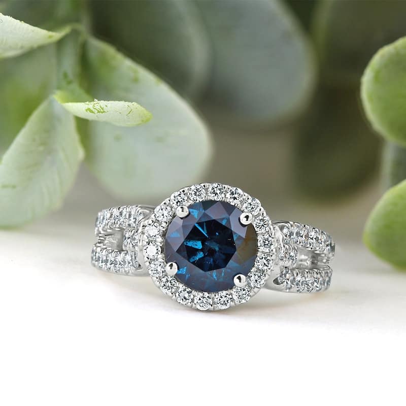 Auriya 14k Gold Round 2 1/3ctw Halo Blue Diamond Engagement Ring (H-I, SI2-SI3)