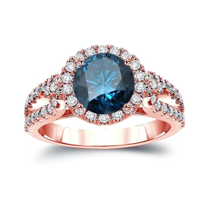 Auriya 14k Gold Round 2 1/3ctw Halo Blue Diamond Engagement Ring (H-I, SI2-SI3) - Rose - 4