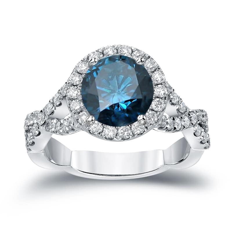 Auriya Twisted 2 3/4ctw Halo Blue Diamond Engagement Ring 14K Gold Split Shank - 4 - White