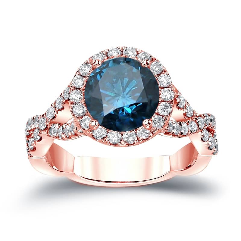 Auriya Twisted 2 3/4ctw Halo Blue Diamond Engagement Ring 14K Gold Split Shank - 4 - Rose