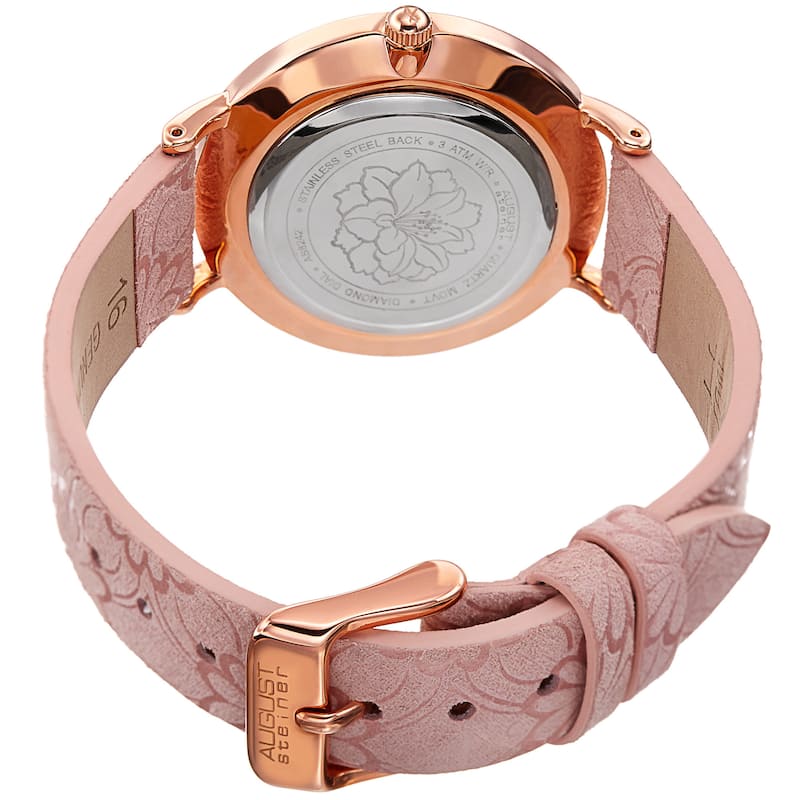 August Steiner Women's Diamond Hibiscus Rose-Tone/Pink Leather Strap Watch