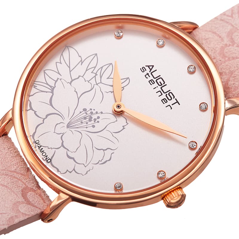 August Steiner Women's Diamond Hibiscus Rose-Tone/Pink Leather Strap Watch