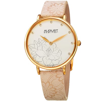 August Steiner Women's Diamond Hibiscus Gold-Tone/Cream Leather Strap Watch