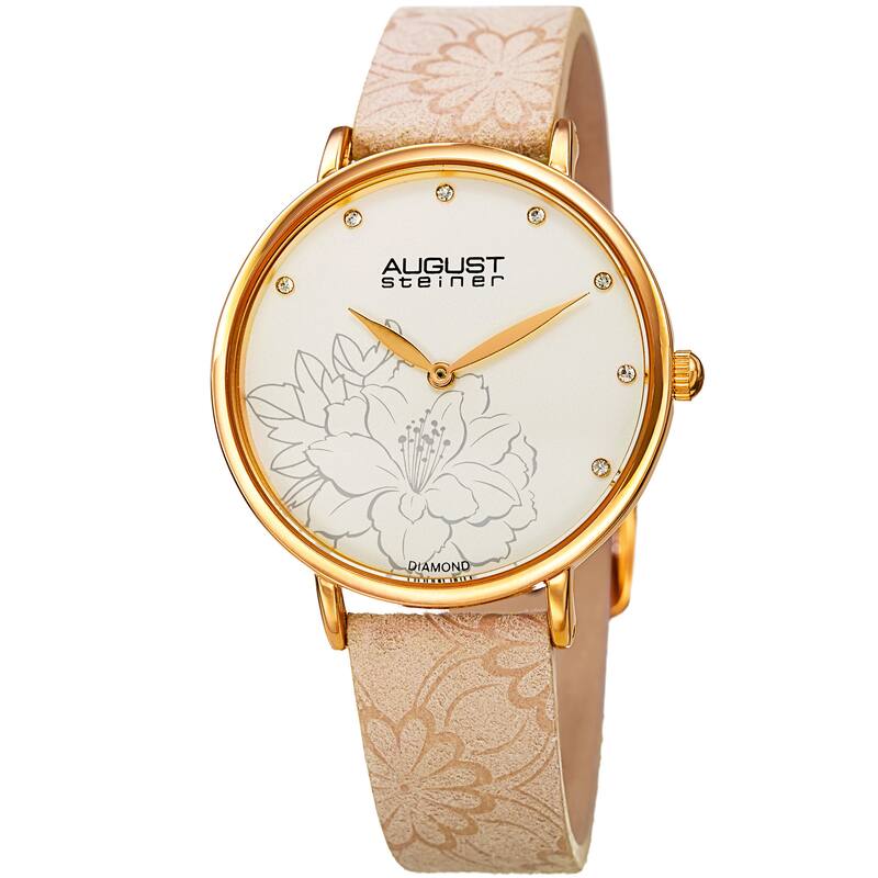 August Steiner Women's Diamond Hibiscus Gold-Tone/Cream Leather Strap Watch