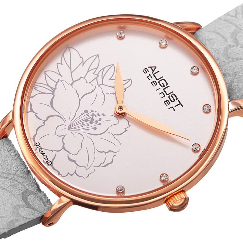 August Steiner Women's Diamond Hibiscus Rose-Tone/Grey Leather Strap Watch