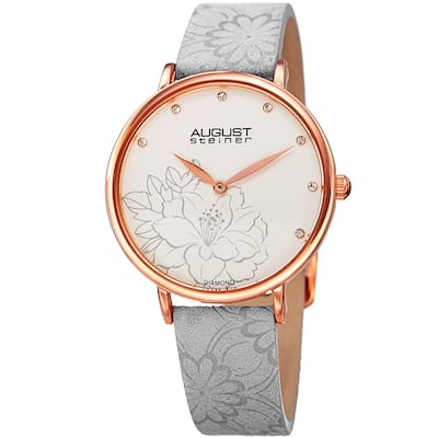 August Steiner Women's Diamond Hibiscus Rose-Tone/Grey Leather Strap Watch