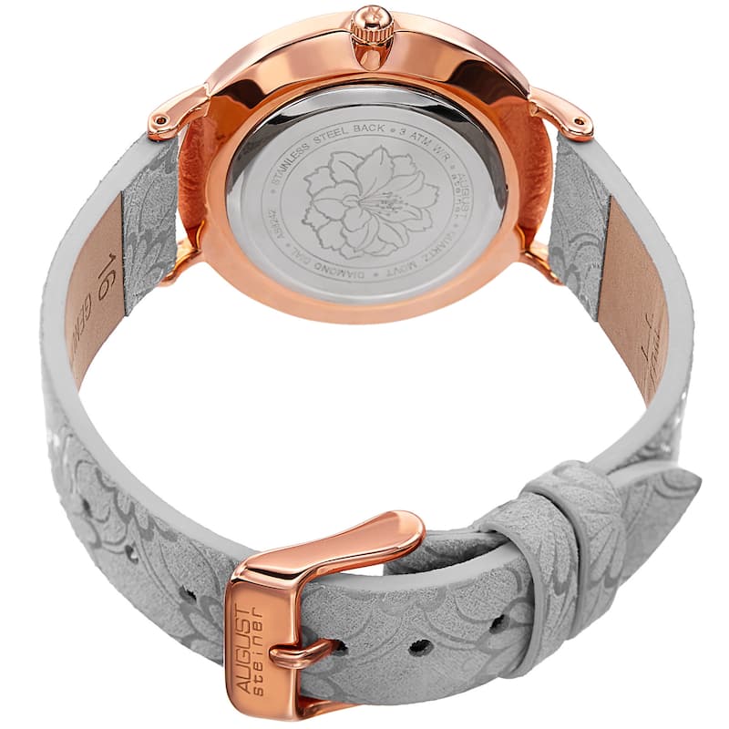 August Steiner Women's Diamond Hibiscus Rose-Tone/Grey Leather Strap Watch