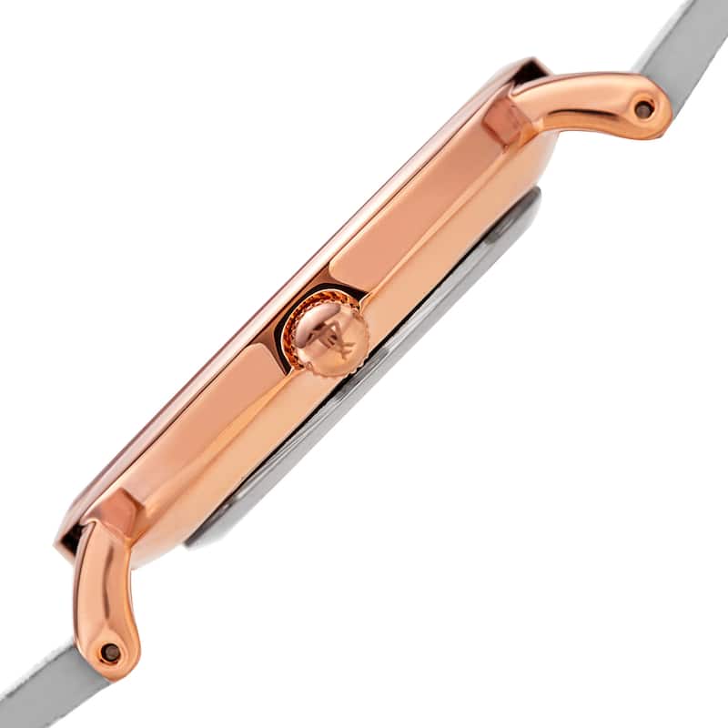 August Steiner Women's Diamond Hibiscus Rose-Tone/Grey Leather Strap Watch
