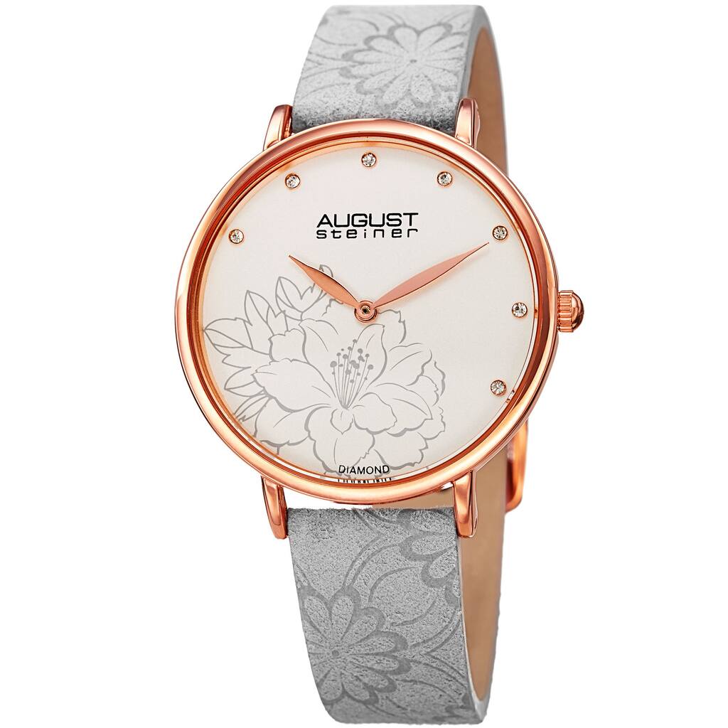 August Steiner Women's Diamond Hibiscus Rose-Tone/Grey Leather Strap Watch